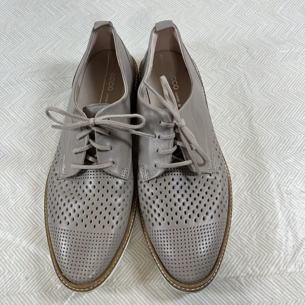 Ecco Women's Incide Tailored Perforated Tie Oxford Leather Shoes Sz 8 Grey Rose‎